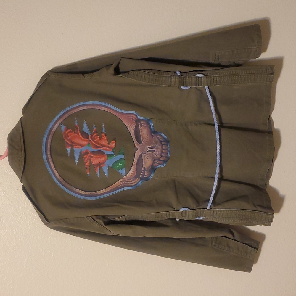 Olive Military Field Jacket with Skull and Roses Design